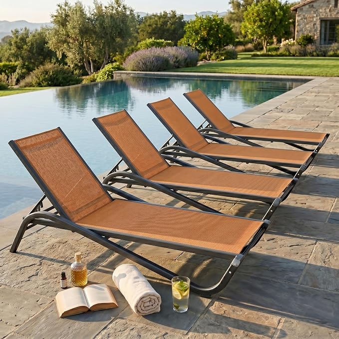 Patio Chaise Lounge Chairs Set of 4, All-Weather Aluminum Pool Loungers for Outside, 5-Position Adjustable Sunbathing Chairs for Tanning, Stackable for Backyard, Poolside, Solar Orange