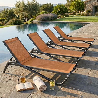 Patio Chaise Lounge Chairs Set of 4, All-Weather Aluminum Pool Loungers for Outside, 5-Position Adjustable Sunbathing Chairs for Tanning, Stackable for Backyard, Poolside, Solar Orange