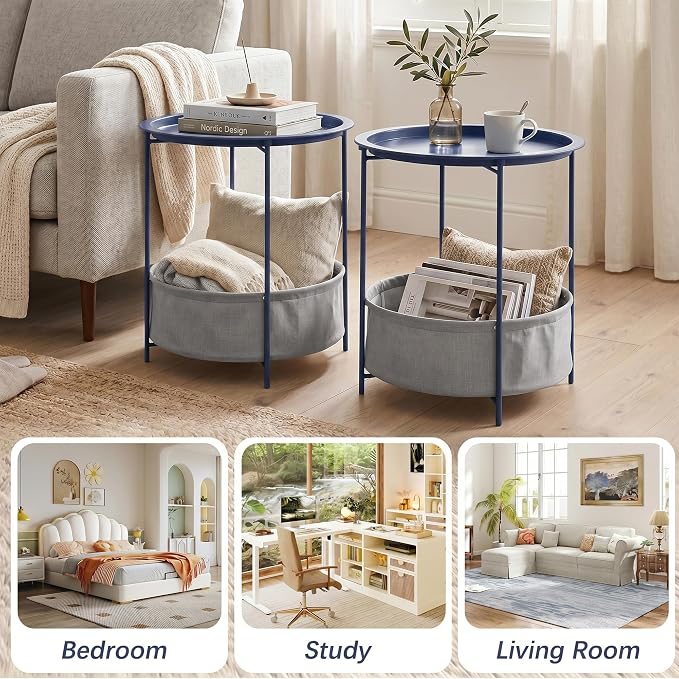VECELO Round Side/End Table with Fabric Storage Basket，Metal Anti-Rust and Waterproof Small Bedside Nightstand with Removable Tray Top for Living Room，Balcony & Laundry，Blue /2pcs with Basket