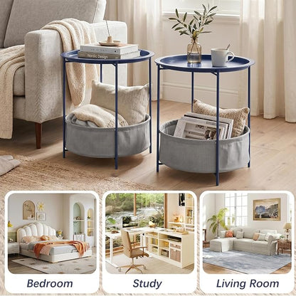VECELO Round Side/End Table with Fabric Storage Basket，Metal Anti-Rust and Waterproof Small Bedside Nightstand with Removable Tray Top for Living Room，Balcony & Laundry，Blue /2pcs with Basket