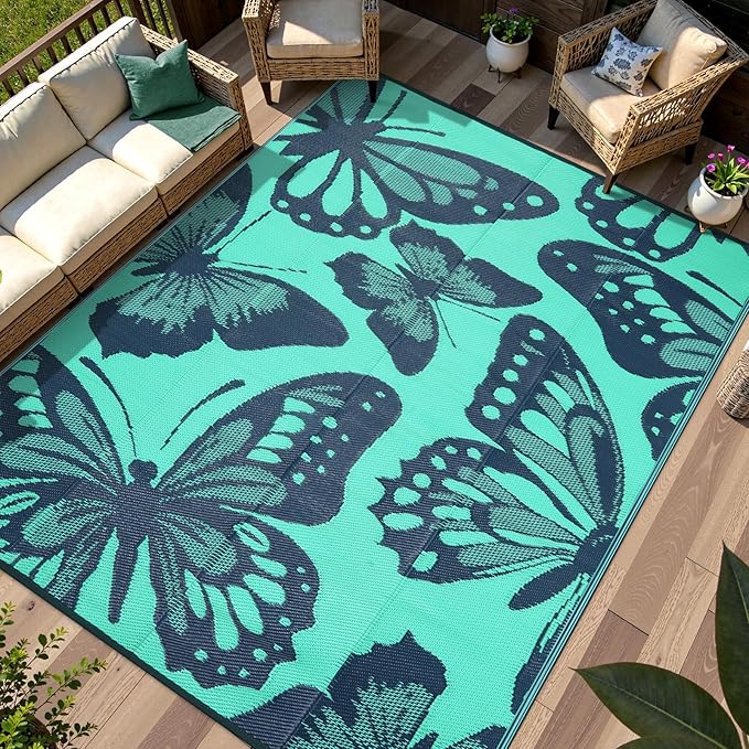 Anidaroel Butterfly Outdoor Rug 8X10 Patio Waterproof, Reversible Plastic Straw Outside Area Rug, Large Outdoor Area Rug for Deck, Camper, Backyard, Picnic(Green,8‘X10')