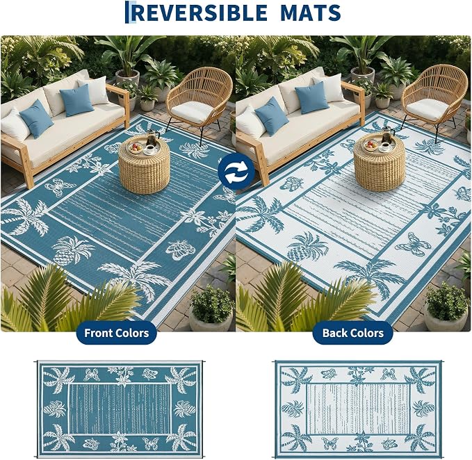 Garvee Outdoor Rug 8x10 Waterproof for Patios, Reversible Plastic Straw Rug, Tropical Leaf Indoor Outdoor Rugs, Large Area Rug for RV, Camping, Deck, Picnic Mat, Outside Carpet, Blue/White
