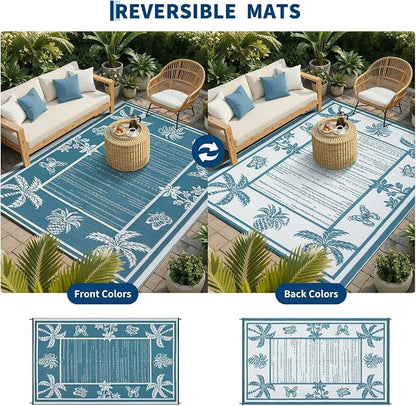 Garvee Outdoor Rug 8x10 Waterproof for Patios, Reversible Plastic Straw Rug, Tropical Leaf Indoor Outdoor Rugs, Large Area Rug for RV, Camping, Deck, Picnic Mat, Outside Carpet, Blue/White