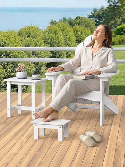 LUE BONA Outdoor Side Table, 2-Tier HDPS Outdoor Nesting End Table with Removable Small Foot Stool for Patio, Deck, Poolside, Low Maintenance & Weather Resistant, White