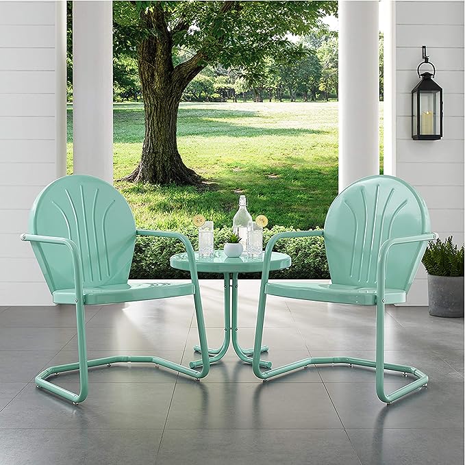 Crosley Furniture Griffith 3-Piece Outdoor Chair and Side Table Set, Retro Metal Bistro Patio Sets for Porch, Aqua