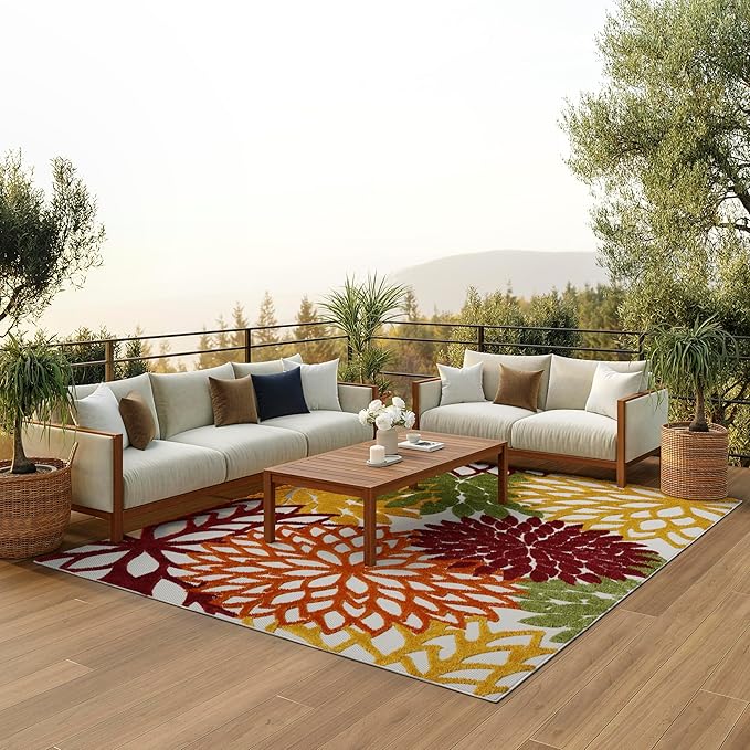 Nourison Aloha Indoor/Outdoor Red Multi Colored 7'10" x 10'6" Area Rug, Tropical, Botanical, Easy Cleaning, Non Shedding, Bed Room, Living Room, Dining Room, Deck, Backyard, Patio (8x10)