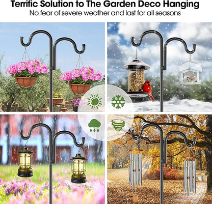 Double Shepherds Hooks for Outdoor, 60" Heavy Duty Bird Feeder Pole with 5 Prong Base, Adjustable Shepherds Hook for Bird feeders Outside, Garden, Weddings, Hanging Plants, 1 Pack, Black