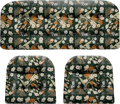 DANGHOOGY Wicker Chair Cushions, Waterproof Outdoor Loveseat Cushions for Patio Furniture, Tufted Wicker Furniture Cushions, 1 Loveseat and 2 U-Shaped Cushions (Black Floral)