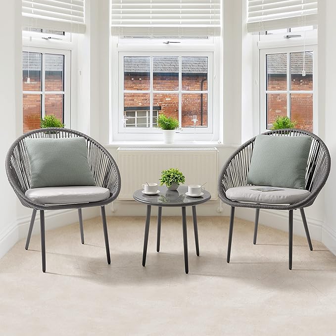 NUU GARDEN 3 Piece Outdoor Bistro Set, Woven Rope Conversation Patio Set, All Weather Patio Furniture Chairs and Table with Cushions for Garden, Deck, Backyard, Balcony, Porch, Dark Gray