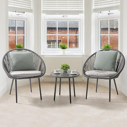 NUU GARDEN 3 Piece Outdoor Bistro Set, Woven Rope Conversation Patio Set, All Weather Patio Furniture Chairs and Table with Cushions for Garden, Deck, Backyard, Balcony, Porch, Dark Gray