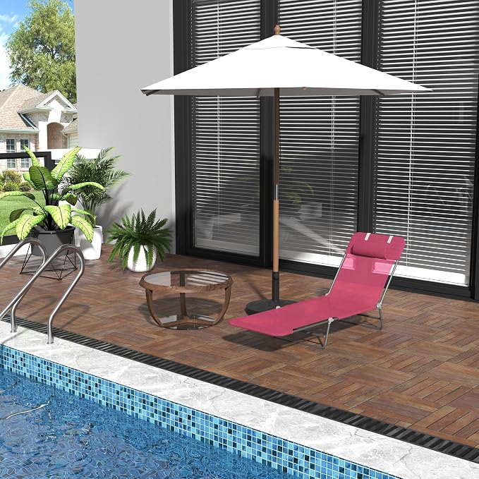 Outdoor Chaise Lounge with Detachable Pillow, Reclining Folding Chair with 5-Position Adjustable Back, Portable Tanning Chair For Beach, Pool, Lawn, Breathable Mesh Seat, No Assembly (Pink)