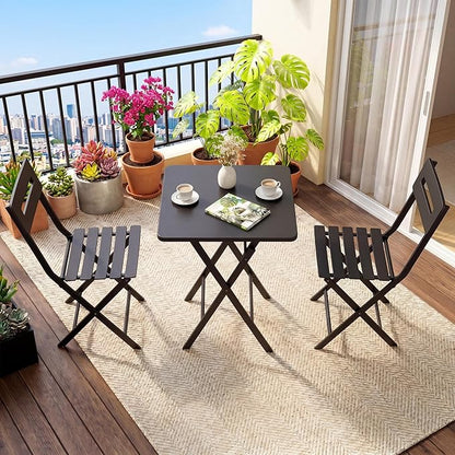 GarveeTech 3-Piece Folding Bistro Set, Heavy Duty Outdoor Patio Furniture with 2 Chairs & 1 Table, Weather-Resistant Steel Frame, No Assembly Required for Garden, Yard, Balcony,Black