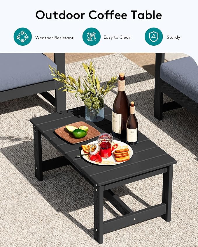 SERWALL 3 Pieces HDPE Outdoor Sofa Bistro Set with Cushions, Outdoor Furniture Sofa Sets with Coffee Table and Cushions, All Weather Conversation Social Set, Black Frame and Grey Cushion