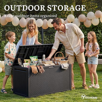 YITAHOME 95 Gallon Large Outdoor Deck Box, Lockable Waterproof Resin Storage Box with Handles, Weatherproof & UV Resistant, Patio Garden Tool Container for Outdoor Furniture, Black