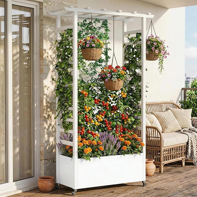 74" Mobile Planter with Trellis,Weatherproof Vertical Raise Garden Bed with Trellis & Hanging Roof for Climbing Plants,Flowers,Vegetables,Rust-Proof Metal Privacy Planter for Patio (White-A)