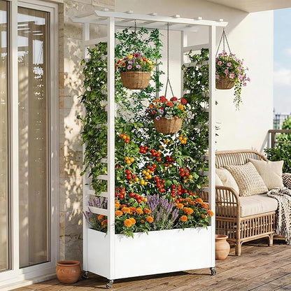 74" Mobile Planter with Trellis,Weatherproof Vertical Raise Garden Bed with Trellis & Hanging Roof for Climbing Plants,Flowers,Vegetables,Rust-Proof Metal Privacy Planter for Patio (White-A)