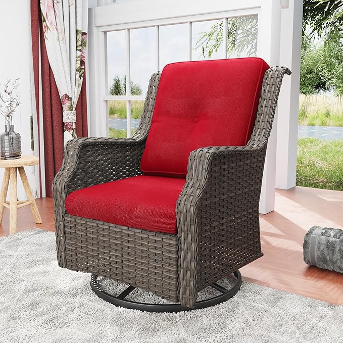 Swivel Patio Chair Outdoors - 360 Degree, Glider Chair with 3.5" Olefin Fabric Cushions (Mixed Grey Rattan/Red)