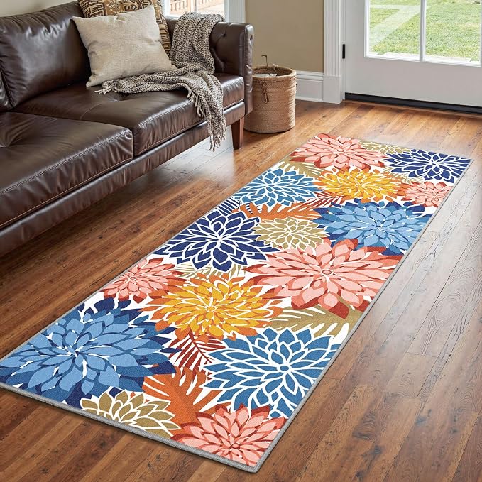 Colorful 2x6 Washable Runner Rug for Hallway Tropical Botanical Modern Floral Chenille Kitchen Rugs Low Pile Non Slip Carpet for Patio, Bedroom, Laundry, Vivid Dahlia