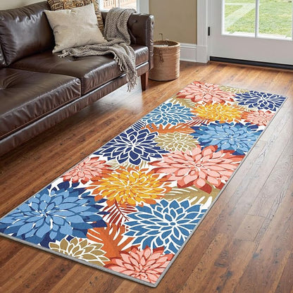 Colorful 2x6 Washable Runner Rug for Hallway Tropical Botanical Modern Floral Chenille Kitchen Rugs Low Pile Non Slip Carpet for Patio, Bedroom, Laundry, Vivid Dahlia