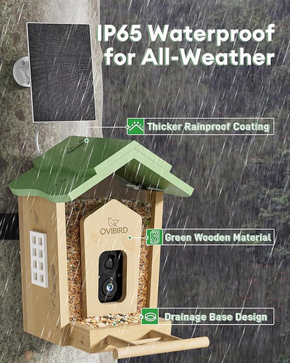 Wooden Smart Bird Feeder with Camera, 1080P HD Video Bird Feeders with Solar Powered, AI Birds ID for 10,000+ Species, IP65 Waterproof, WiFi Birdhouse Camera for Birds Watching Gifts