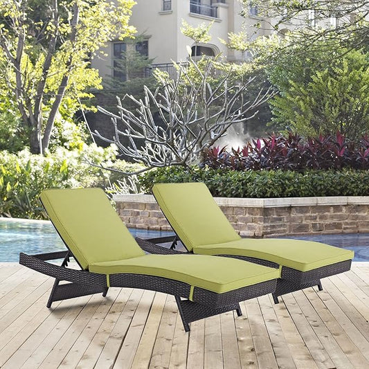 Modway Convene Wicker Rattan Outdoor Patio Chaise Lounge Chairs in Espresso Peridot - Set of 2