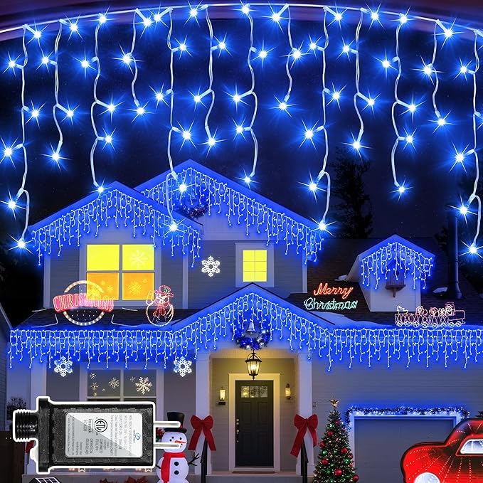 504 LED Christmas Lights Outdoor 50FT with 112 Drops, Christmas Decorations Hanging Lights 12 Modes, Dimmable Outsite Fairy String Lights for Wedding Party Holiday Winter Wonderland Decor Blue