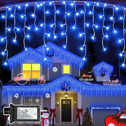 504 LED Christmas Lights Outdoor 50FT with 112 Drops, Christmas Decorations Hanging Lights 12 Modes, Dimmable Outsite Fairy String Lights for Wedding Party Holiday Winter Wonderland Decor Blue