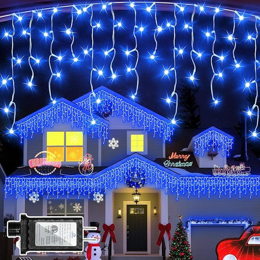 504 LED Christmas Lights Outdoor 50FT with 112 Drops, Christmas Decorations Hanging Lights 12 Modes, Dimmable Outsite Fairy String Lights for Wedding Party Holiday Winter Wonderland Decor Blue