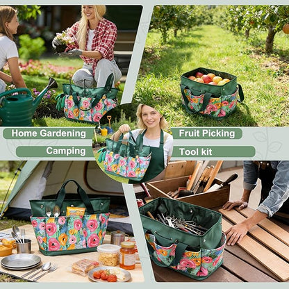 Waterproof Garden Tool Bag, 600D Oxford Portable Gardening Tote with Handle & Multi Pockets, Ideal Gifts for Parents Women (Green, Tools Not Included)