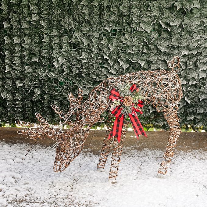 Alpine Corporation 27" Tall Rattan Grazing Reindeer with Bow and LED Lights, Indoor/Outdoor Christmas Lawn and Yard Decor, Festive Holiday Decoration