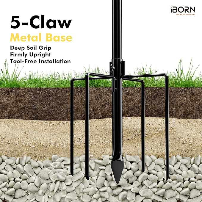 iBorn Standing Bird Feeder, Metal Bird Feeder Tray Stand with 5-Pronged Base, 37.4" Ground Height Heavy Duty Feeder Stand, 11.2" Detachable Bird Feeder with Pole for Outdoor Garden Yard Lawn, Bronze