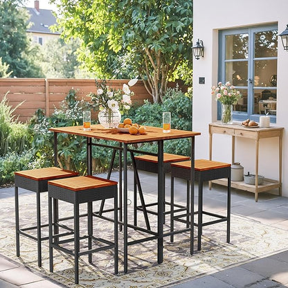 Devoko Patio Bar Set 5 Pieces Acacia Wood Patio High Top Bar Table and Stools Chairs Set Foldable Outdoor Bar Stools Set of 2 for Garden, Balcony