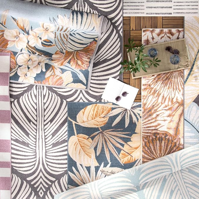 Tommy Bahama Bimini Blooming Border Indoor Outdoor Area Rug, Leaf Tropical Design, UV Fade Resistant, Ivory/Blue/Coral, 5'2"x7'2"