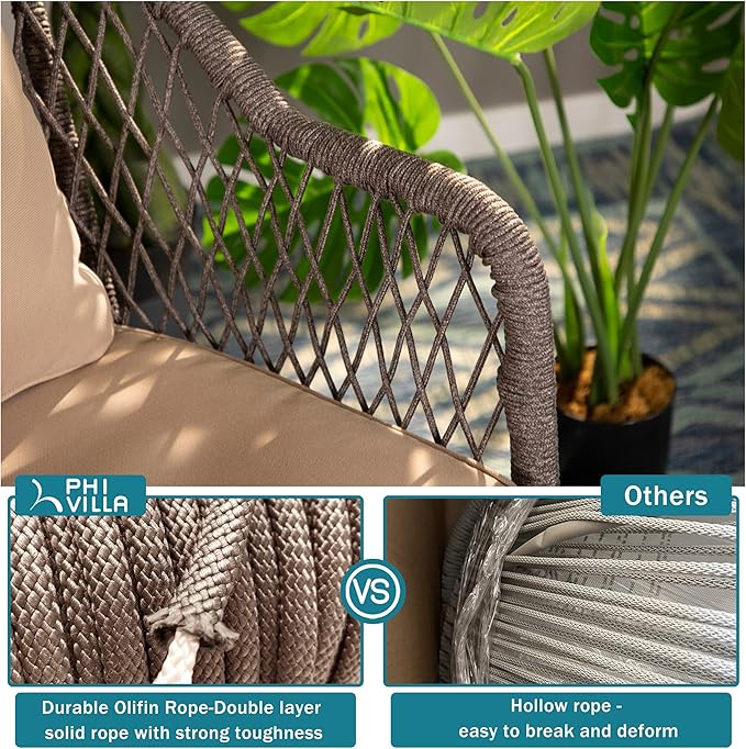 PHI VILLA 3 Pieces Patio Conversation Bistro Set, 2 Hand-Woven Olifin Rope Cushioned Chairs and 1 Glass Top Coffee Table Outdoor Furniture Set for Porch, Backyard - Grey with Beige Cushion