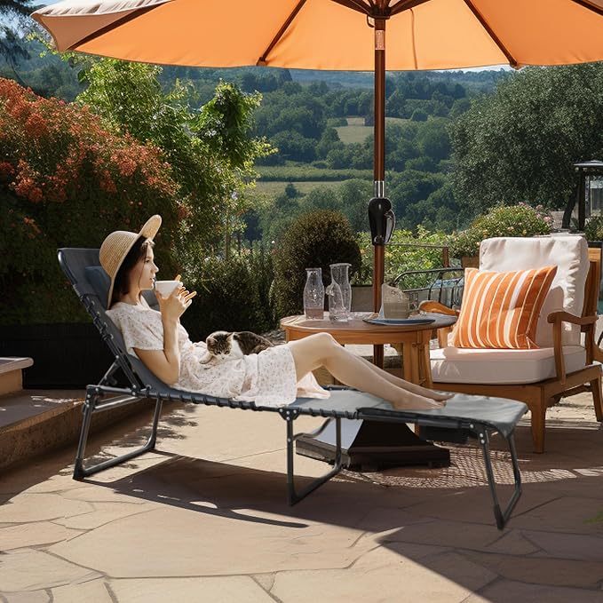 MUPATER Patio Chaise Lounge Chair for Outdoor with Face Hole, 4-Fold Adjustable Backrest, Removable Pillow and Detachable Pocket, Portable Sun Lounger Recliner for Beach, Camping and Pool, Grey