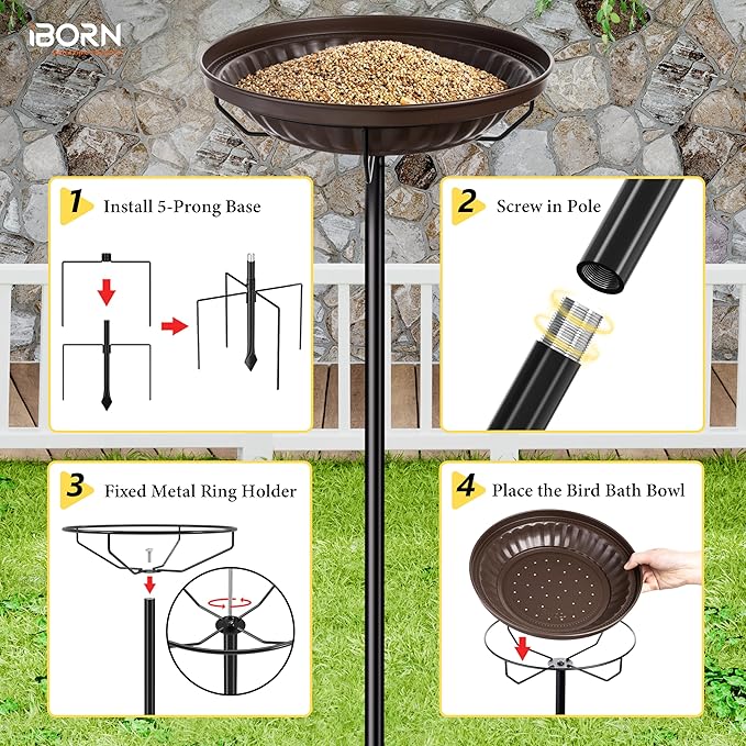 iBorn Standing Bird Feeder, Metal Bird Feeder Tray Stand with 5-Pronged Base, 37.4" Ground Height Heavy Duty Feeder Stand, 11.2" Detachable Bird Feeder with Pole for Outdoor Garden Yard Lawn, Bronze