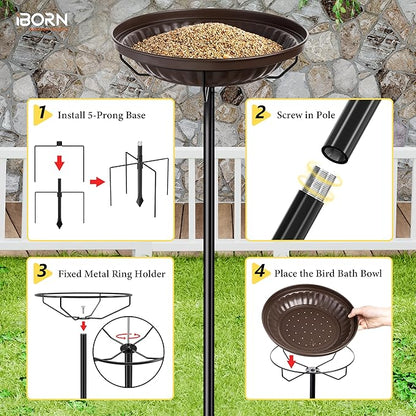 iBorn Standing Bird Feeder, Metal Bird Feeder Tray Stand with 5-Pronged Base, 37.4" Ground Height Heavy Duty Feeder Stand, 11.2" Detachable Bird Feeder with Pole for Outdoor Garden Yard Lawn, Bronze