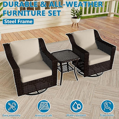 VistaVibe 3 Pieces Outdoor Patio Conversation Furniture Set - 360 Degree Swivel Glider Rocker Chairs | Wicker End Table, Washable Cushions, Hand-Woven PE Rattan, Lawn, Sunroom (Brown/Beige)