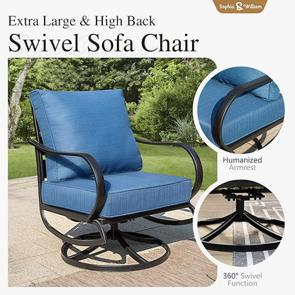 Sophia & William Patio Furniture Sets for 7 Outdoor Conversation Set 7 Pcs with 2 x Swivel Sofa Chairs, 2 x Armrest Chairs, 1 x 3-Seat Sofa, 2 x Ottomans Garden Backyard Poolside Peacock Blue