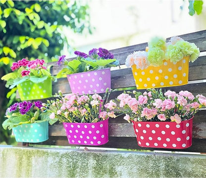 LaLaGreen Outdoor Hanging Planter (11.2 Inch, 6 Pack) Light Purple, Green, Yellow, Cadet Blue, Dark Pink, Red Metal Iron Colorful Window Boxes Polka Dot Flower Pot Deck Railings Fence Rail Porch Decor