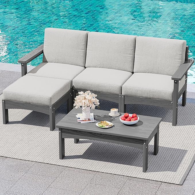 SERWALL 5-Piece Patio Sofas, All-Weather HDPE Outdoor Sectional Sofa with Cushions and Coffee Table, Large Modular Patio Conversation Set for Garden, Lawn, Deck, Porch, Grey Frame with Khaki Cushion