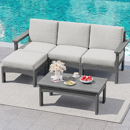 SERWALL 5-Piece Patio Sofas, All-Weather HDPE Outdoor Sectional Sofa with Cushions and Coffee Table, Large Modular Patio Conversation Set for Garden, Lawn, Deck, Porch, Grey Frame with Khaki Cushion