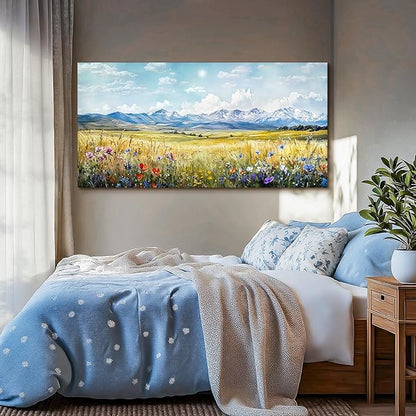 SERIMINO Outdoor Landscape Large Wall Art, Nature Country Scenic Canvas Art Prints, Meadow Wildflowers Big Artwork for Walls, Mountain Cloud Sunlit Pictures for Living Room Dining Room 29"X57"