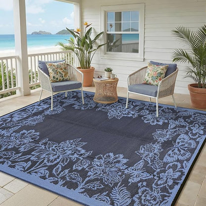 Garvee 5’x8’ Waterproof Patio Outdoor Rug, Outdoor Plastic Straw Rug for Camping, RV Mat Outside, Indoor Outdoor Carpet for Porch, Deck, Backyard, Balcony, Picnic, Dark Blue & Teal