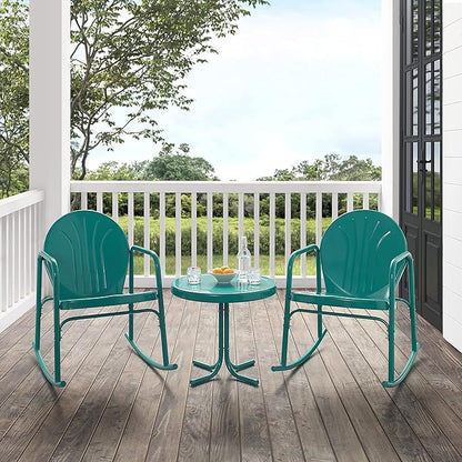 Crosley Furniture Griffith 3-Piece Outdoor Rocking Chair and Side Table Set, Retro Metal Bistro Patio Sets, Turquoise Gloss