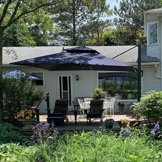 PURPLE LEAF 10FT Cantilever Outdoor Umbrellas Large Patio Umbrella Hanging Double Top Square Offset Umbrella with 360°Rotation Tilting Umbrella Outdoor Patio, Navy Blue