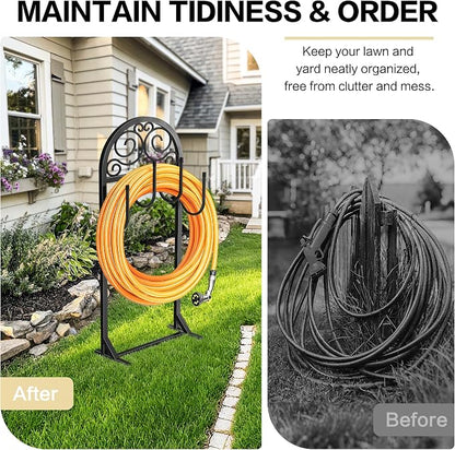Garden Hose Holder, Upgraded Metal Water Hose Holder with 4 Hooks, Freestanding Heavy Duty Hose Hanger Stand Holds 150 FT Hoses, Detachable Hose Storage Rack for Outside Yard Lawn Farm (Black, Clouds)