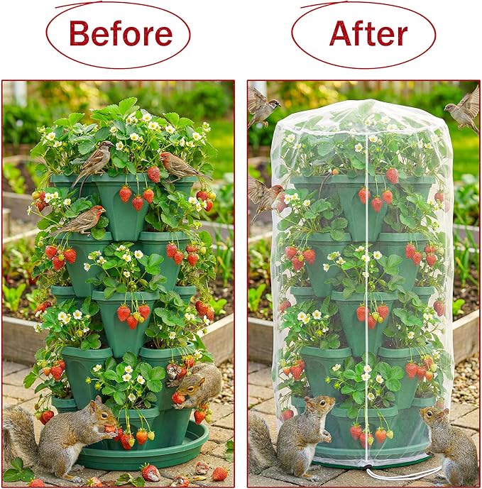2 Pcs Vertical Plant Pot Insect Netting，5-Tier Stackable Planter Garden Net Cover for Strawberry, Planter Pot Protection Mesh with Drawstring for Strawberry Herb Vegetable Flower Fruit