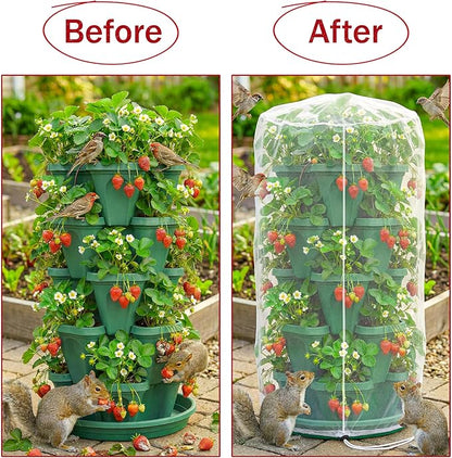 2 Pcs Vertical Plant Pot Insect Netting，5-Tier Stackable Planter Garden Net Cover for Strawberry, Planter Pot Protection Mesh with Drawstring for Strawberry Herb Vegetable Flower Fruit