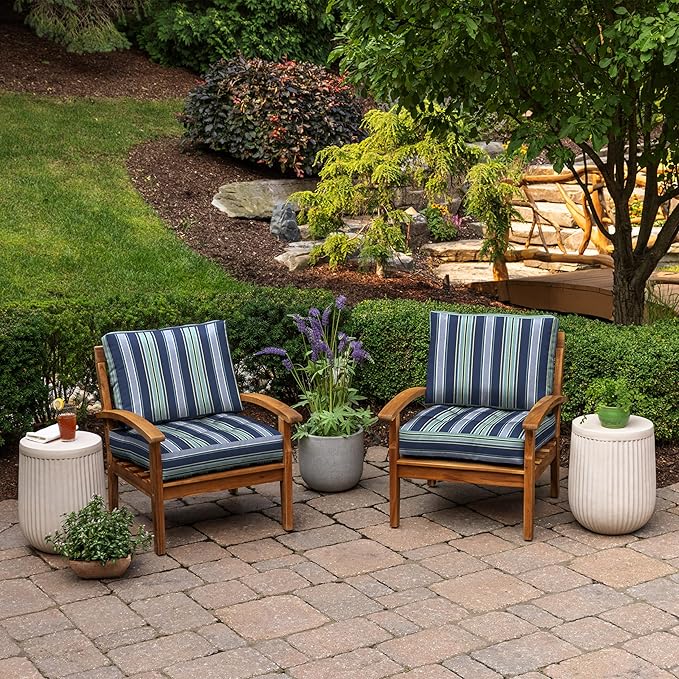Arden Outdoor Plush Modern Tufted Blowfill Deep Seat Set, 24 x 24, Rain-Proof, Fade Resistant, Deep Seat Bottom and Back Cushion, Sapphire Aurora Blue Stripe
